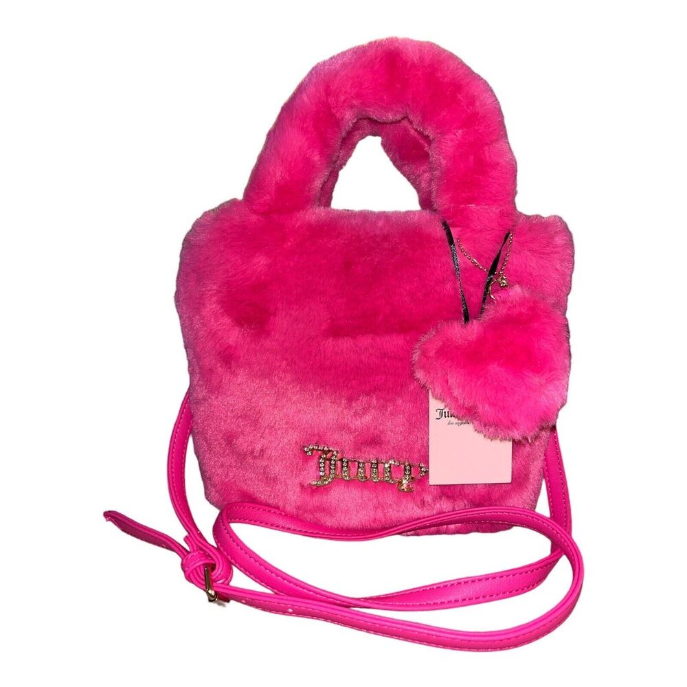 Juicy Couture Free Love Fuzzy Soft Hot Pink Satchel / Crossbody Strap NWT HTF